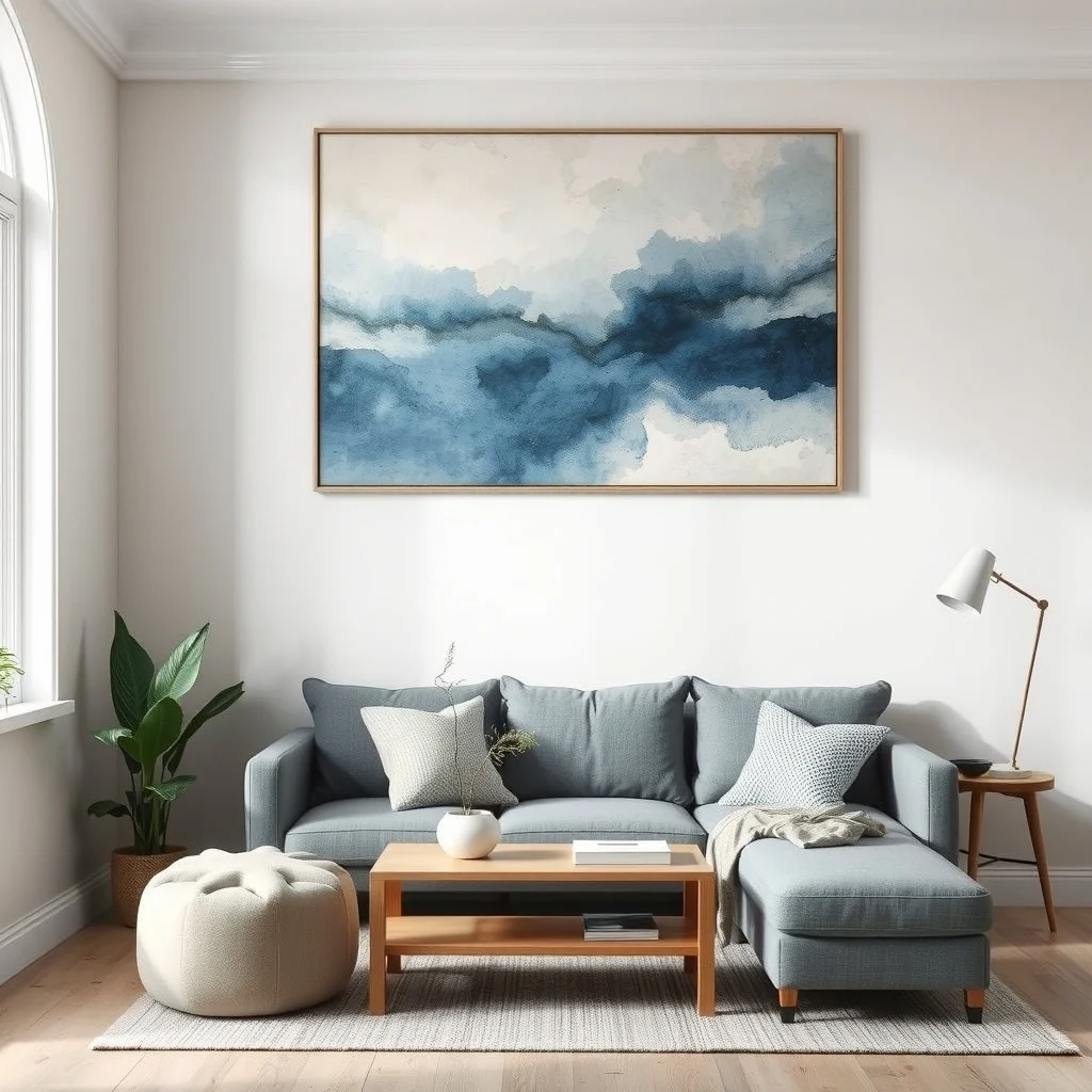 Large abstract wall art featuring cool blues and grays hangs above