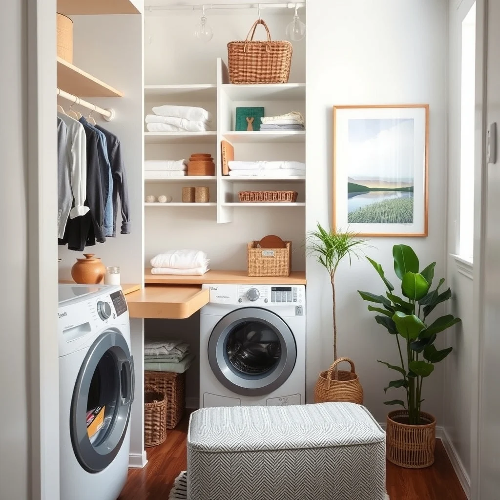 Laundry Closet Makeover Ideas for Homes Without a Laundry Room interior: 3. Add a Pull‑Out Folding Counter - One of the most useful upgrades is a slim, pull‑out countertop that slides out from the side of the closet. When extended, it offers a flat surface for folding shirts, towels, or sheets without needing