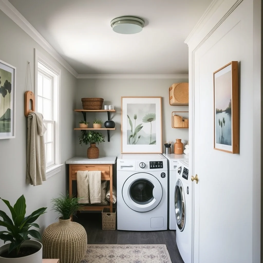 Laundry Closet Makeover Ideas for Homes Without a Laundry Room interior: 4. Incorporate Soft Lighting - Typical laundry closets rely on a single overhead bulb that can cast harsh shadows, making it difficult to spot stains or read labels. Replace the fixture with a dimmable LED recessed light and add a