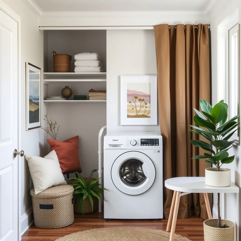 Laundry Closet Makeover Ideas for Homes Without a Laundry Room interior: 6. Add a Ventilated Door or Curtain - Many laundry closets are enclosed by a solid door that traps moisture, encouraging mildew. Replacing the door with a vented panel or a stylish fabric curtain allows air to circulate while still hiding the appliances.