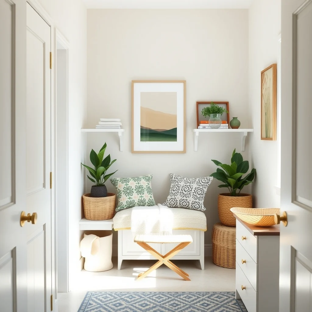 Laundry Closet Makeover Ideas for Homes Without a Laundry Room interior: 7. Include a Small Seating Nook - Adding a narrow bench or a fold‑down stool gives you a place to sit while loading heavy laundry baskets, turning a chore into a less strenuous task. Upholster the seat in a moisture‑resistant fabric such