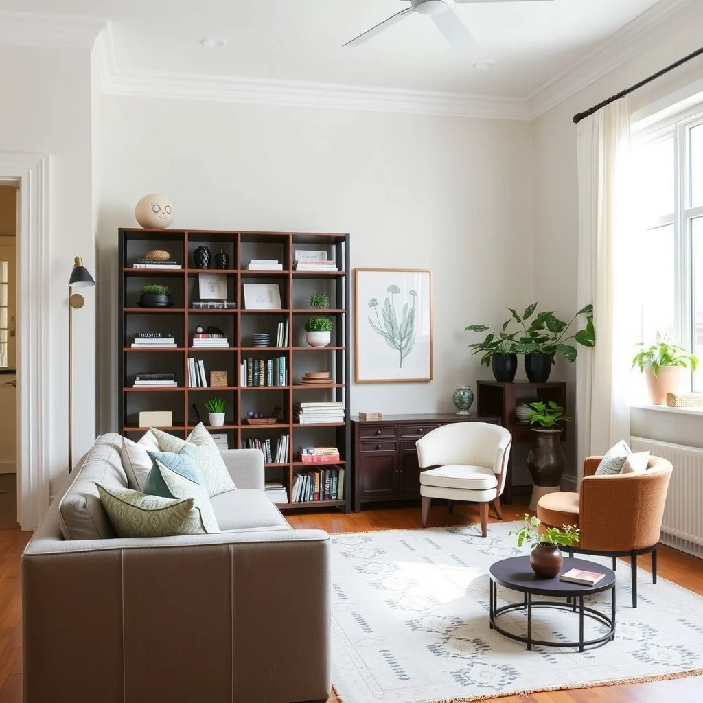 Living Room Decorating Ideas Using Furniture You Already Own interior: 3. Repurpose an Existing Bookshelf as a Room Divider - A tall bookshelf can serve double duty as storage and a subtle partition, especially in open‑plan layouts. Position the unit perpendicular to the main seating area to delineate a reading nook or media zone without