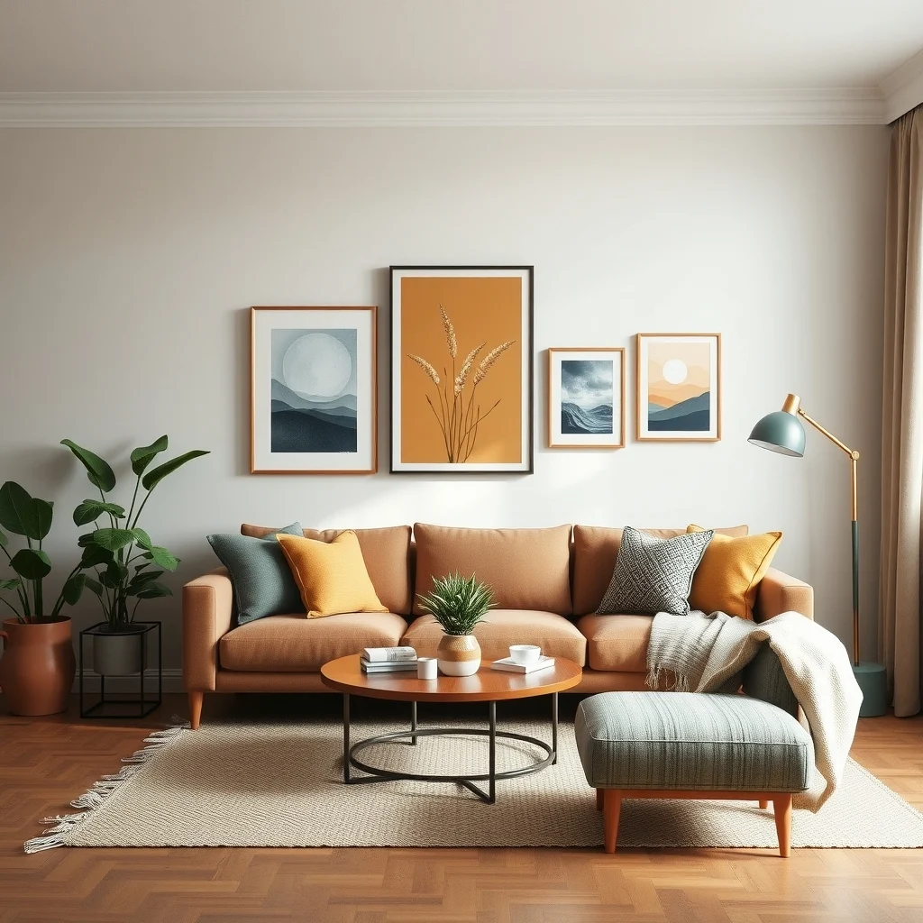 Living Room Decorating Ideas Using Furniture You Already Own interior: 6. Create a Focal Point Using Existing Artwork or Wall‑Mounted Pieces - Instead of purchasing a large statement piece, rearrange artwork you already own to form a gallery wall. Select three to five frames of varying sizes, and lay them on the floor to experiment with spacing