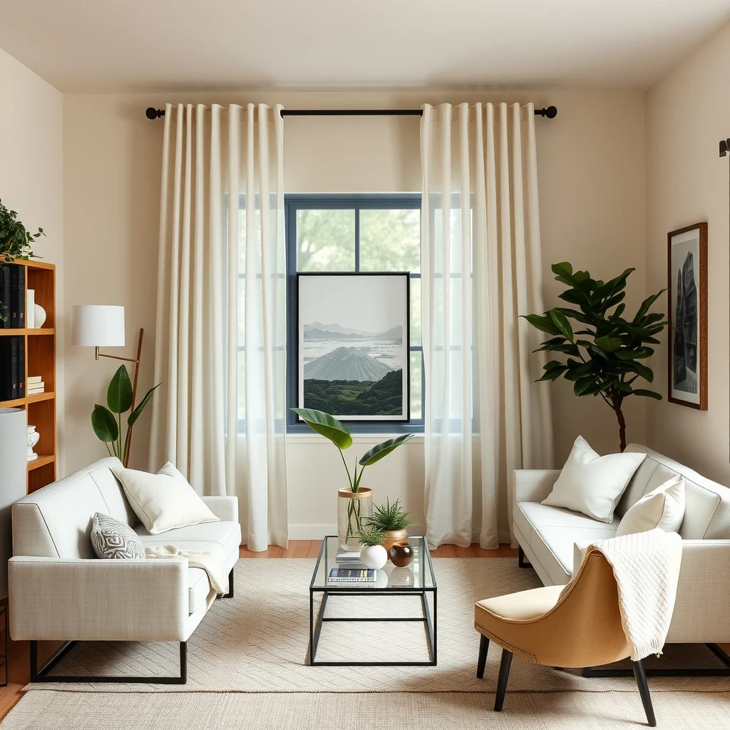 Living Room Makeover Ideas Under $200 That Look Surprisingly Expensive interior: 6. Update Window Treatments with Simple Sheer Panels - Heavy drapes often dominate a living room, making it feel closed in. Replacing them with sheer panels in a light ivory or soft greige allows daylight to filter through while still providing modest privacy. Sheer