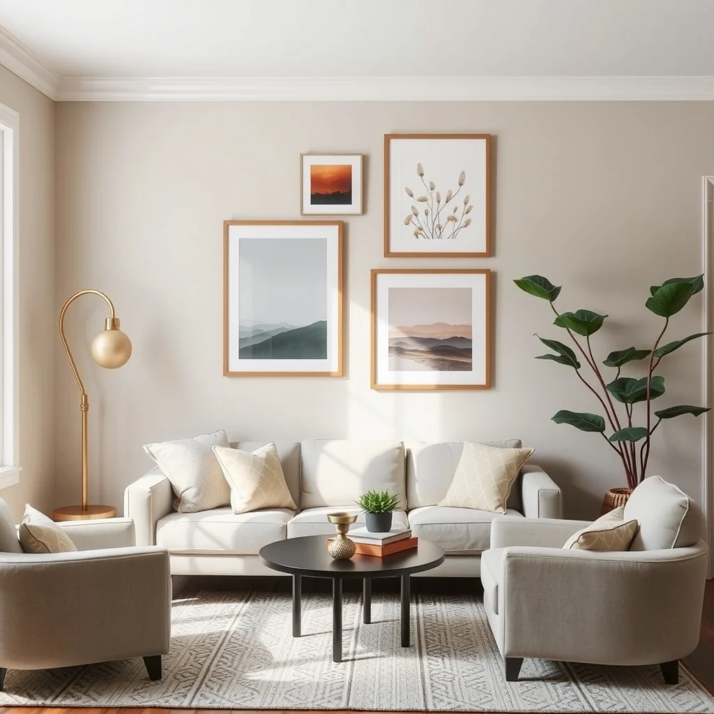 Living Room Makeover Ideas Under $200 That Look Surprisingly Expensive interior: 7. Curate a Small Gallery Wall with Affordable Art Prints - Art can instantly raise the perceived value of a space, especially when arranged thoughtfully. Choose three to five prints that share a common color thread—perhaps a muted teal, warm rust, and soft cream—and frame them
