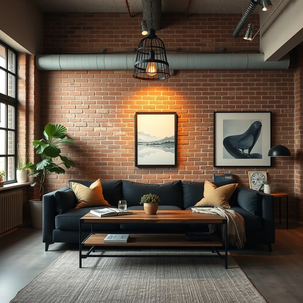 Loft style living area showcasing a matte black cage pendant lamp above a reclaimed wood coffee table exposed brick wall and plush charcoal sofa warm amber glow accentuates texture