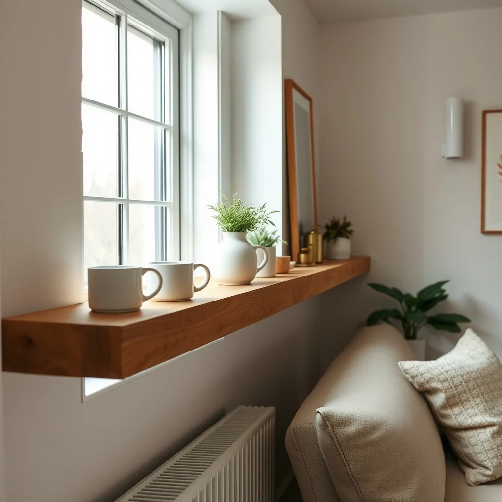 Long floating oak shelves span the windowsill displaying matte white ceramic mugs brass spice jars natural light from east facing window close up vignette modern farmhouse aesthetic