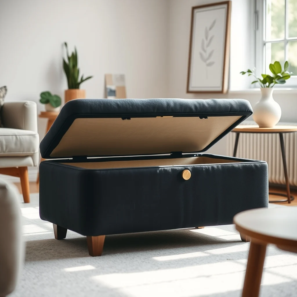 Low pile linen upholstered ottoman deep navy fabric wooden coffee table height subtle gold latch soft daylight from nearby window close up of lifted lid revealing fabric lined interior