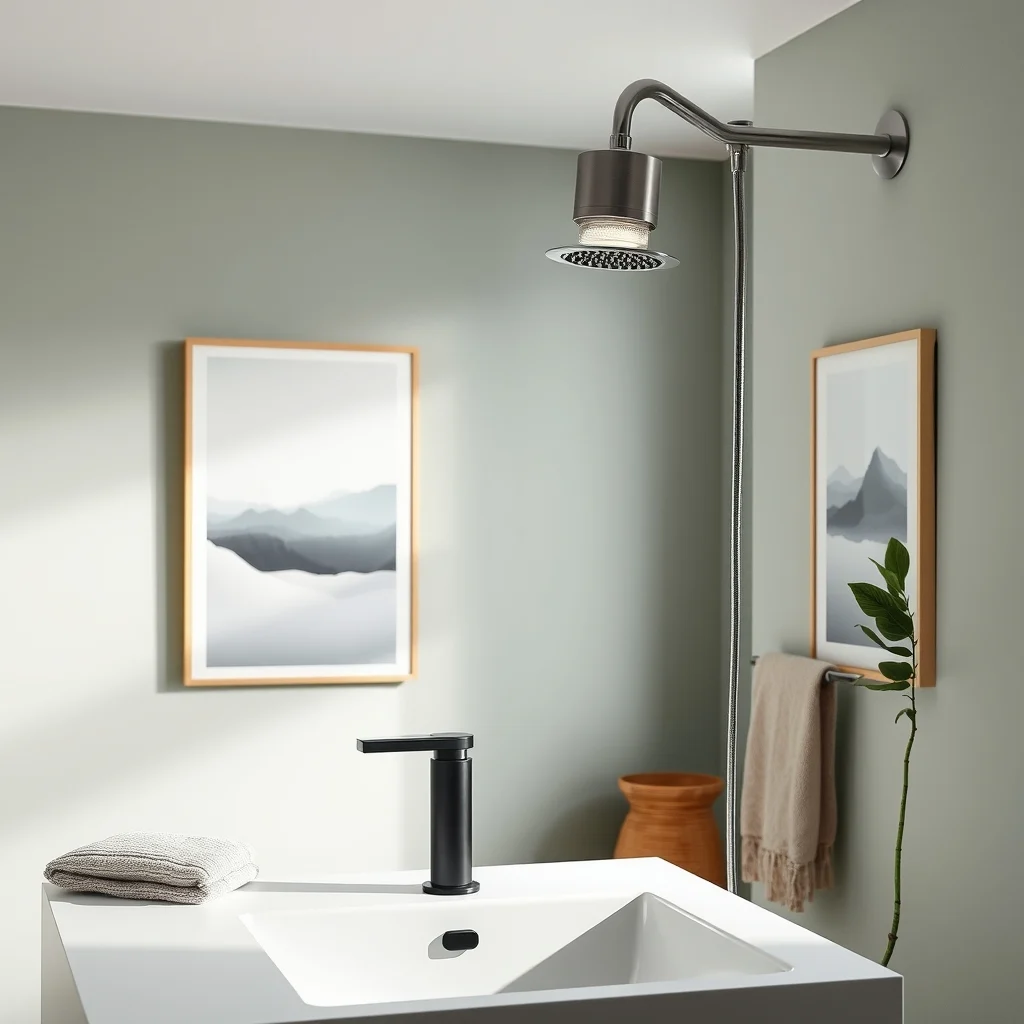 Matte black faucet with water saving aerator brushed nickel showerhead and chrome towel bar set against pale sage walls illuminated by a bright LED vanity light minimalistic modern style