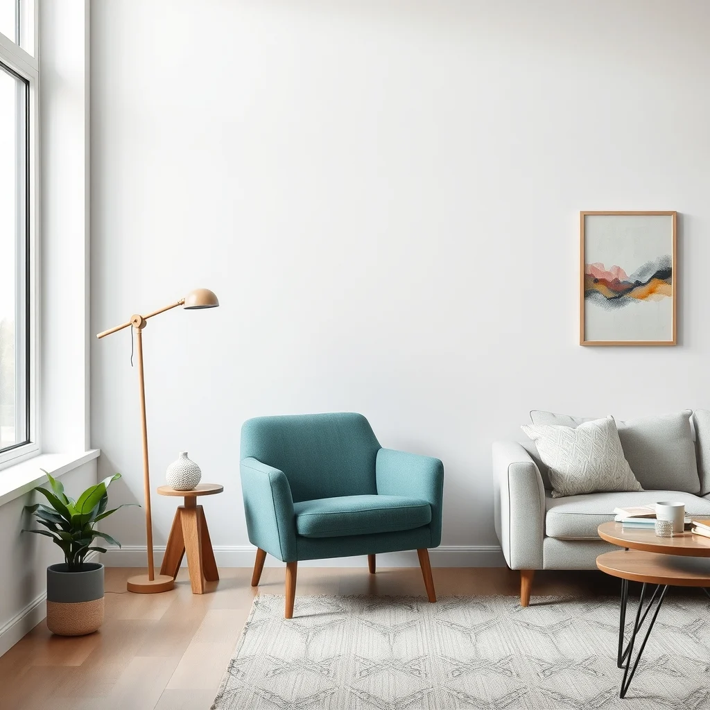 Mid century armchair in muted teal fabric nestled beside a light gray sofa floor to ceiling window letting soft natural light a slim floor lamp and a small abstract canvas on the wall