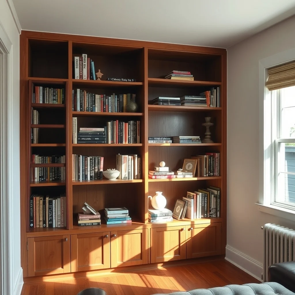 Mid century modern built in corner bookshelf with a slim walnut ladder shallow nine inch depth warm natural light from adjacent window viewed in a wide angle showing neatly arranged books ceramic boxes and small abstract sculptures