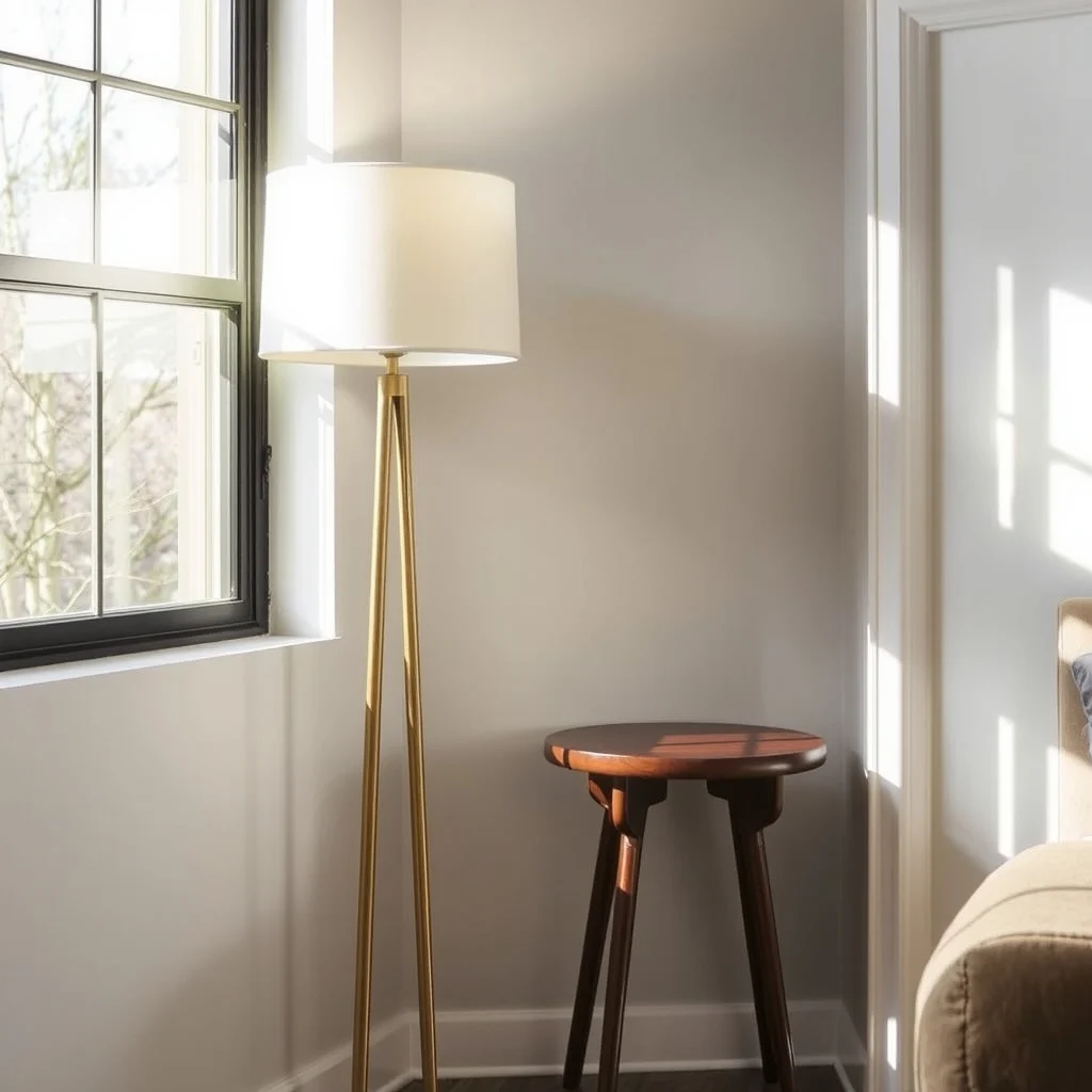 Mid century modern corner view slender brushed brass floor lamp with ivory drum shade beside a narrow walnut side table soft daylight filtering through nearby window casting gentle shadows on light gray walls
