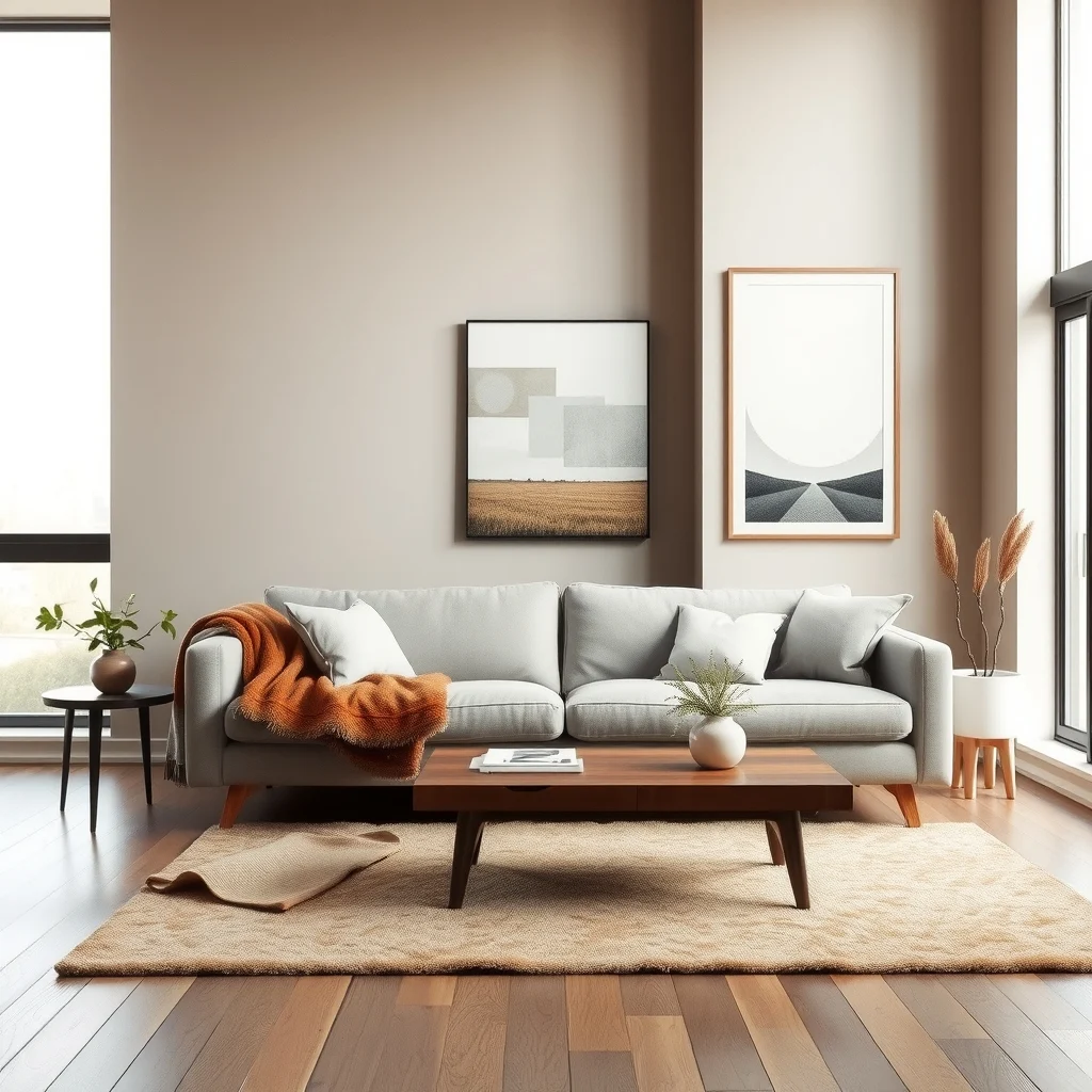 Mid century modern living room muted greige walls a sleek lift up sofa in soft linen hides blankets walnut coffee table with hidden drawer natural light from large window abstract geometric wall art