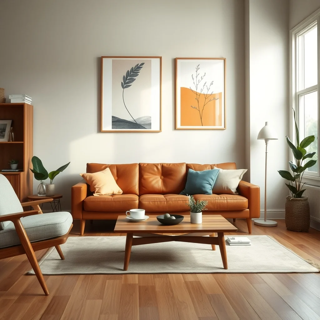 Mid-century modern living room warm walnut sofa pulled away from pastel wall clear traffic lane teak coffee table soft natural light