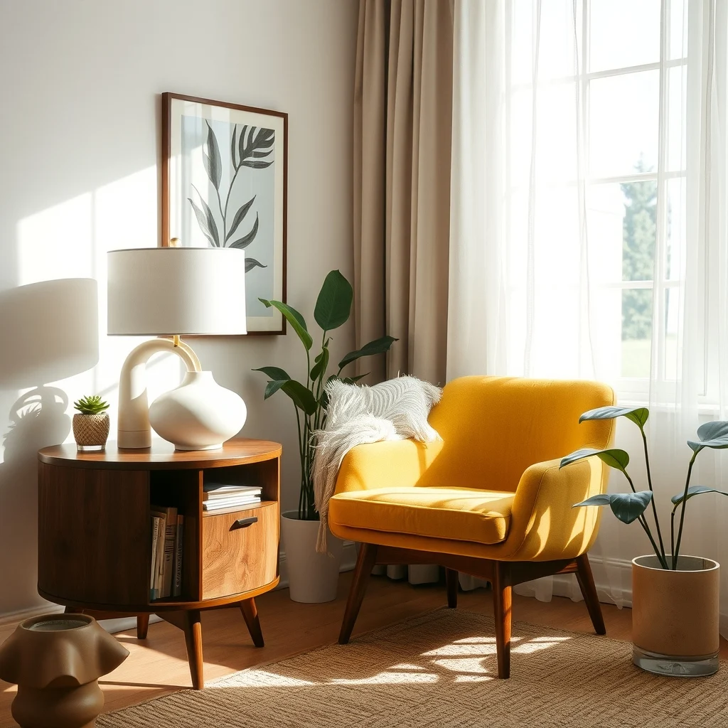 Mid century modern nook with walnut veined side table tapered crisp white ceramic lamp and a mustard accent chair soft afternoon light streams through sheer curtains