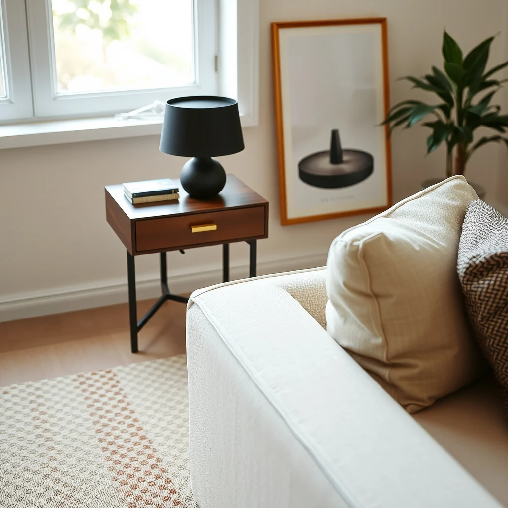 Mid century modern side table with brushed brass drawer pulls a matte black metal lamp beside it and a thin copper stripe runner across a cream linen sofa warm ambient lighting highlights the metallic gleam