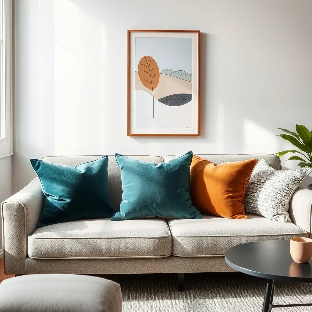 Mid century modern sofa adorned with three luxe pillows rich teal velvet ivory linen and warm gray boucle against a soft diffused natural light emphasizing texture and subtle sheen