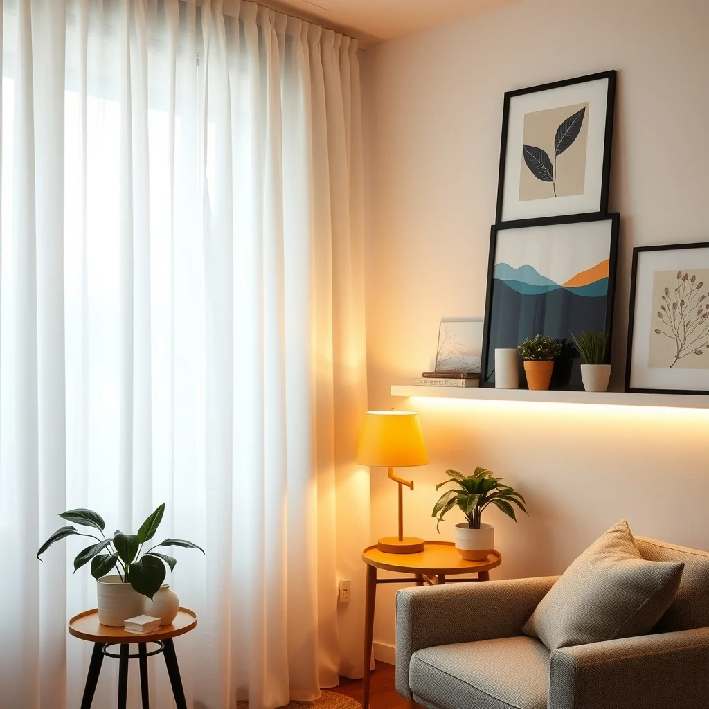 Mid century office corner near window sheer white curtains diffuse daylight brass table lamp with warm glow and adjustable LED strip along shelf creating layered illumination