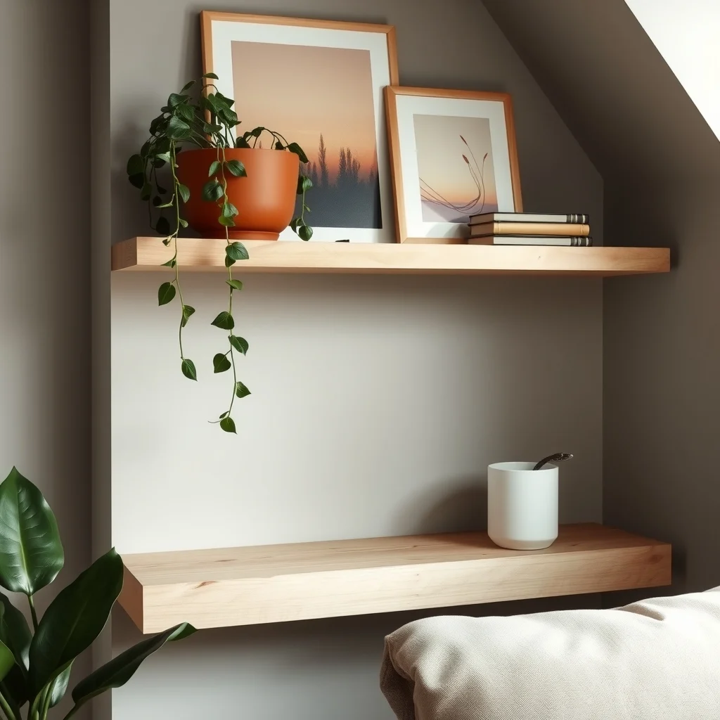Minimalist corner shelf of reclaimed pine holding a trailing pothos in a matte terracotta pot a snake plant in a white ceramic