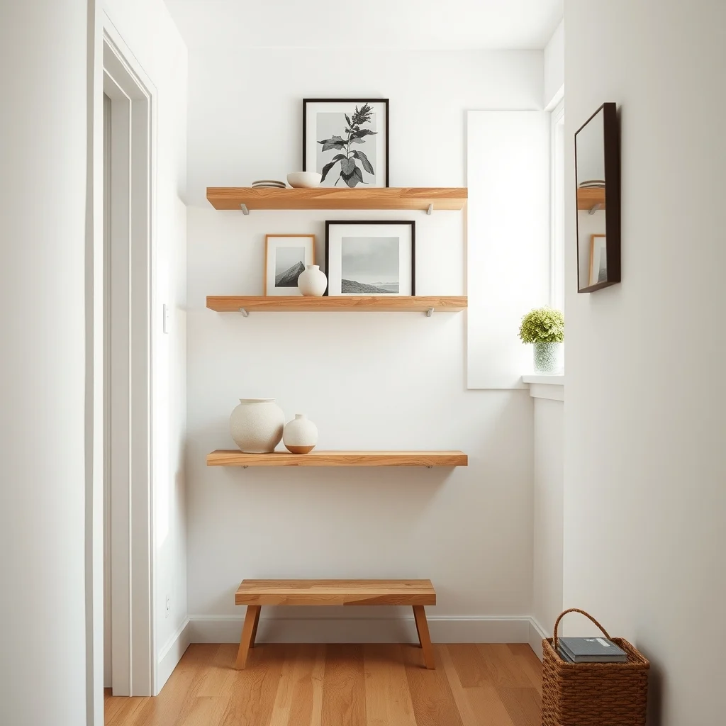 Minimalist floating shelves on a whitewashed hallway eight inch deep reclaimed pine holding curated ceramic vases small black and white photography and a sprig of dried lavender soft diffused daylight from a nearby window