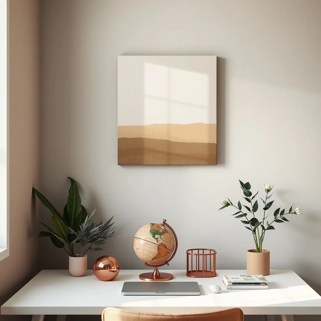 Minimalist office corner displays a single abstract canvas with muted earth tones above desk a small ceramic globe and a copper desk organizer uncluttered composition