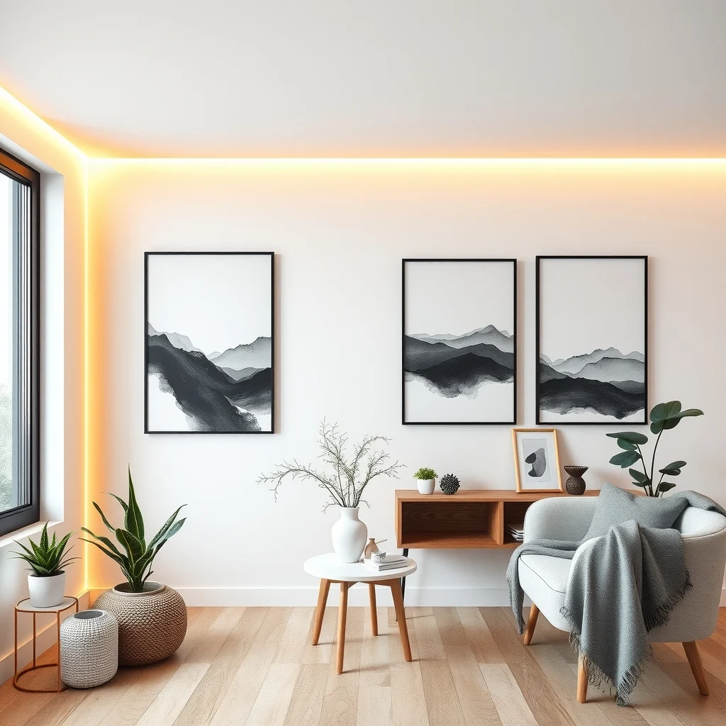 Minimalist studio displays a fresh white wall coated in magnetic paint sleek black geometric magnets hold abstract charcoal on canvas prints while warm amber LED strips outline the composition