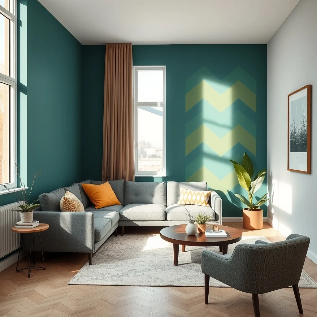 Modern eclectic living room teal mustard oversized chevron wallpaper on one accent wall sleek gray sofa walnut coffee table soft natural light from floor to ceiling windows deep shadow corner minimal accessories