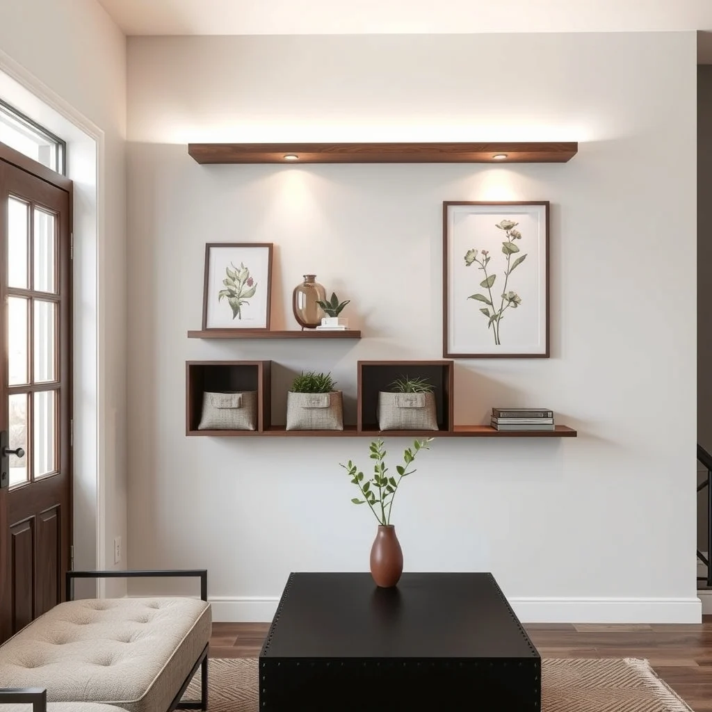 Modern entry wall showcases staggered 12 inch floating cubes in matte walnut each cube houses earth tone linen bins with abstract botanical prints above illuminated by recessed LED strips casting gentle shadows