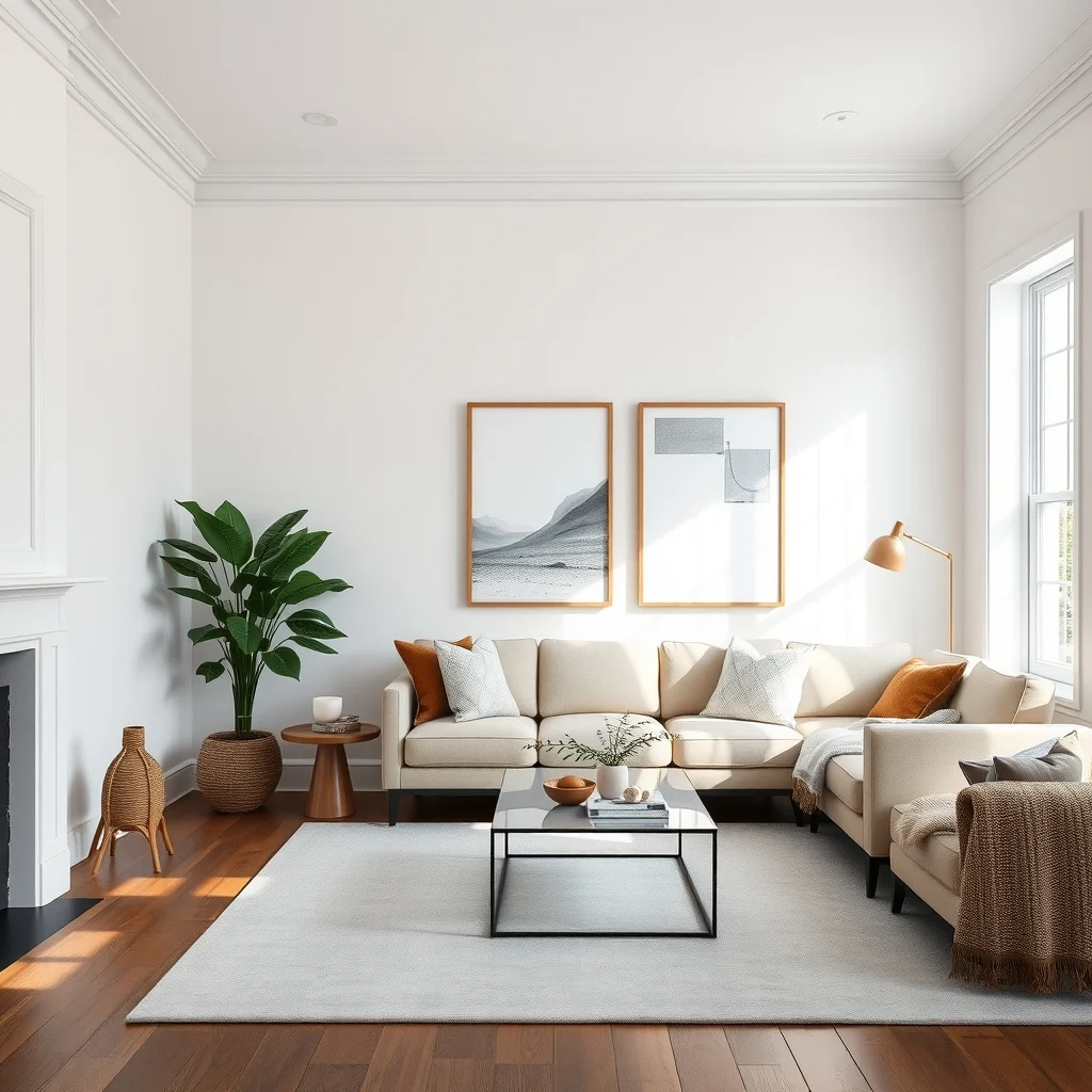 Modern farmhouse living room corner brushed nickel crown molding and picture rail framing soft white walls warm ambient lighting highlights the molding with a subtle gray rug and minimalist coffee table