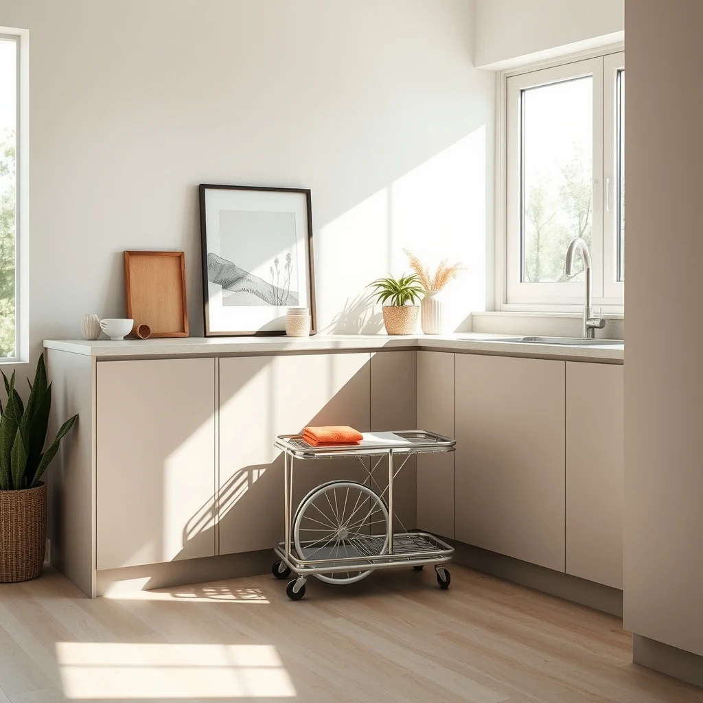 Modern kitchen corner view brushed metal three wheel cart tucked under a soft greige laminate countertop natural daylight from a nearby window sleek minimalism subtle shadows highlighting