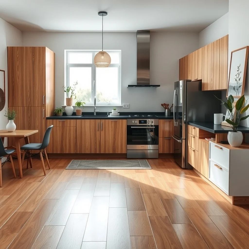 Modern kitchen floor featuring peel and stick vinyl tiles mimicking warm oak glossy finish reflecting pendant light stainless appliances matte black countertop and a subtle rug
