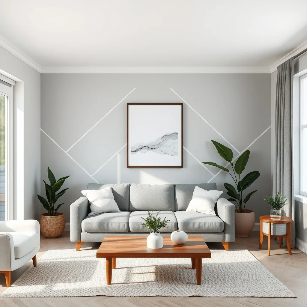 Modern living room soft dove gray wall painted with thin white chevron geometry painter s tape crisp lines natural light from tall window minimal walnut coffee table abstract charcoal line art above sofa