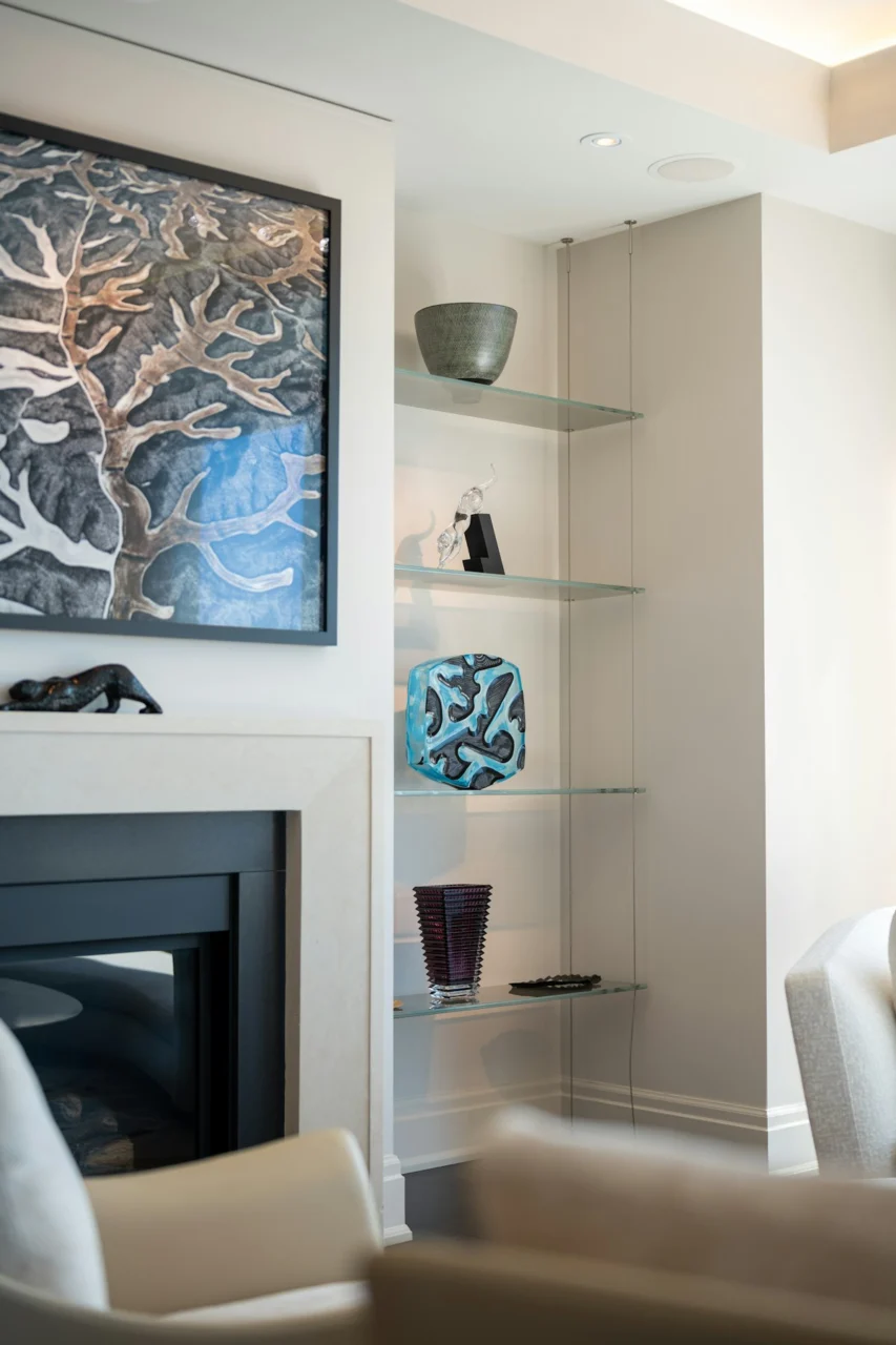 Modern living room with decorative art and shelves