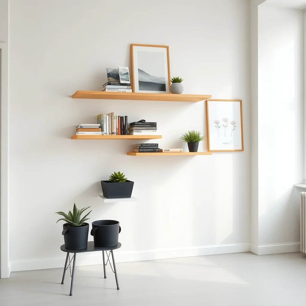 Modern loft office wall featuring floating light oak shelves stacked with pastel books matte black storage bins and a small potted succulents minimal floor space crisp daylight