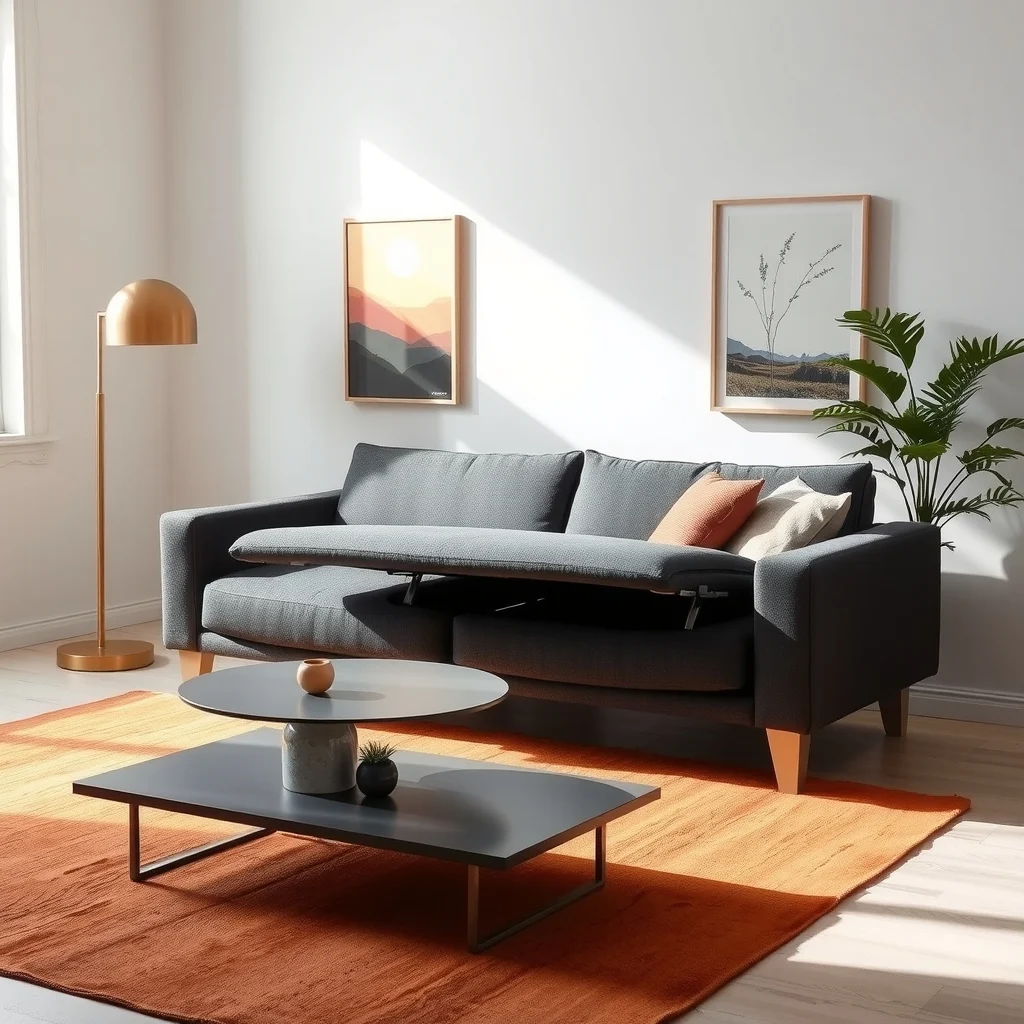 Modern mid century sofa in charcoal linen low profile with lift up seat revealing hidden compartment sleek coffee table muted terracotta rug warm brushed gold floor lamp casting gentle shadows