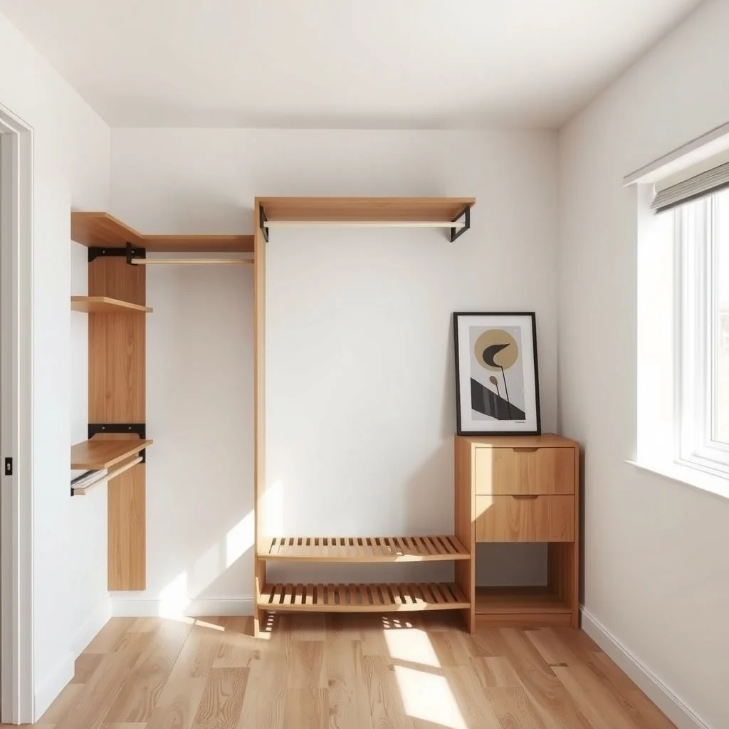 Modern minimalist closet with white walls walnut double rod adjustable height soft LED strip lighting matte black brackets open shelving a hint of abstract geometric art on back wall