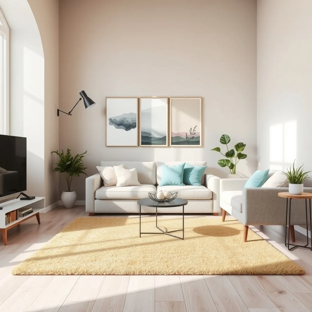 Modern minimalist living room with soft greige painted wall deep olive low pile rug pastel teal and blush throw pillows on a neutral sofa removable vinyl wall panel adds subtle pattern natural light streaming