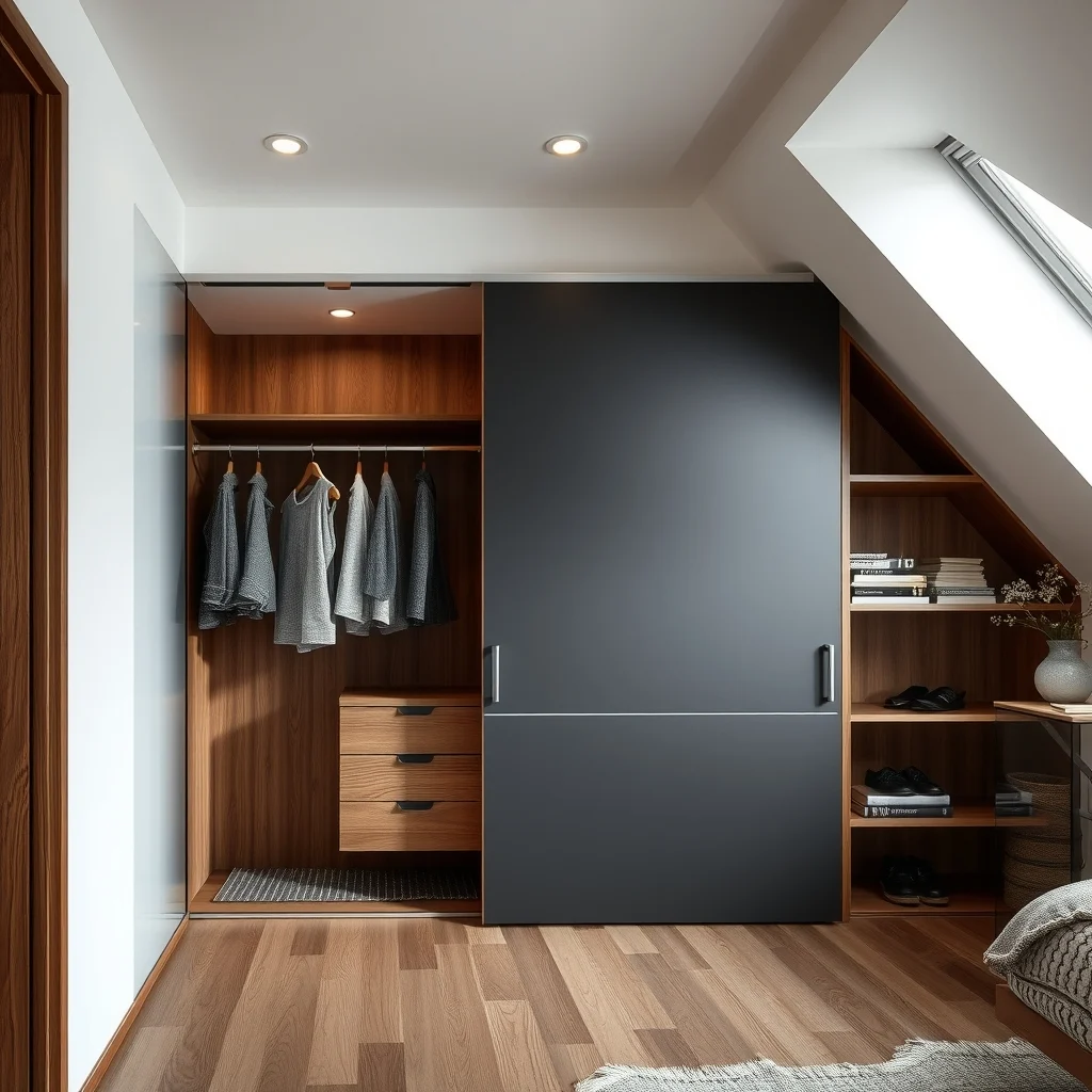 Modern minimalistic corner wardrobe low profile aluminum tracks matte charcoal sliding doors built in to right angle walnut interior shelving visible diffused LED ceiling light wide angle view highlighting open floor space