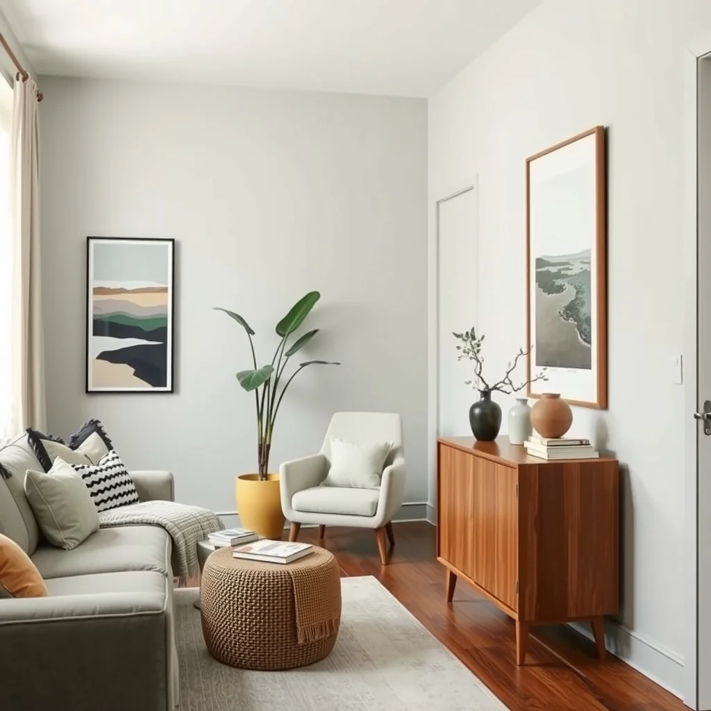 Narrow Living Room Furniture Layout Ideas That Improve the Flow interior: 3. Incorporate Slim, Multi‑Functional Storage - Narrow rooms often suffer from clutter that further restricts movement. Tall, narrow cabinets or wall‑mounted shelving units make use of vertical space without protruding into the walking path. A slender credenza in a warm oak