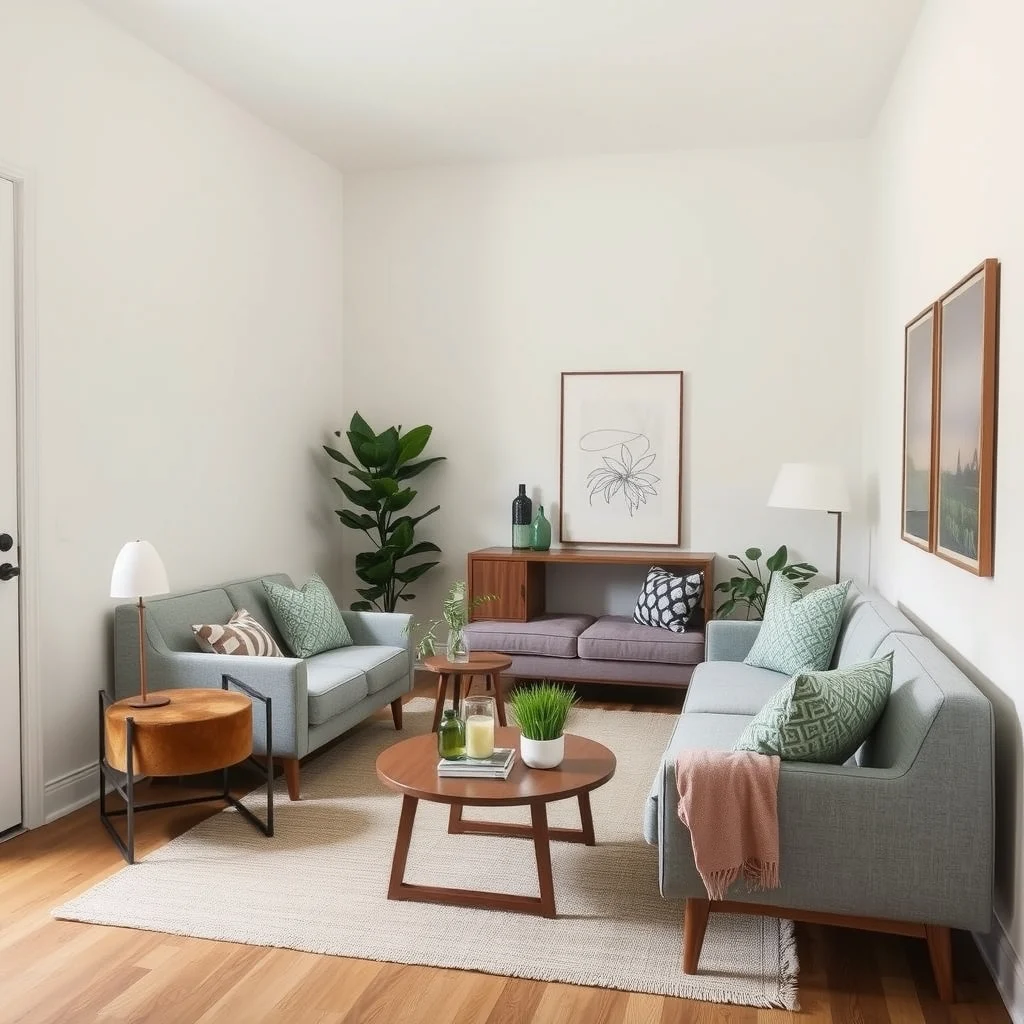 Narrow Living Room Furniture Layout Ideas That Improve the Flow interior: 7. Adopt a Diagonal Furniture Arrangement - Placing furniture at a slight angle rather than parallel to the walls can break up the linear feel of a narrow room. Angle a loveseat or a pair of chairs so that they form a