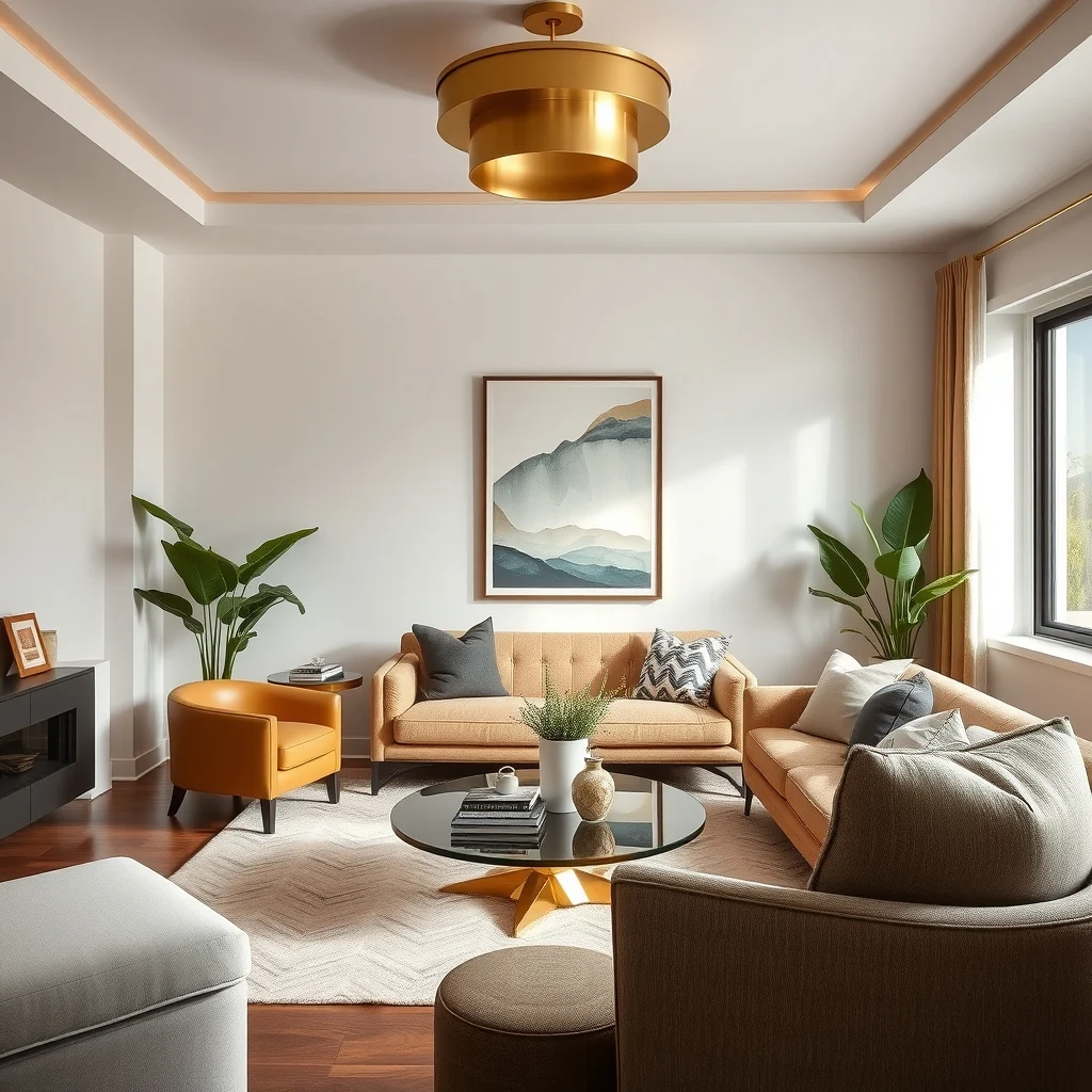 Neo Deco Living Room Ideas for a Modern Home With Vintage Glamour interior: 2. Mix Geometric Metal Accents with Plush Textiles - Geometric brass or brushed gold fixtures—think a coffee table with a stepped, sunburst base or a ceiling fixture featuring overlapping circles—bring the unmistakable Deco motif into a modern setting. Pair these metallic statements with tactile