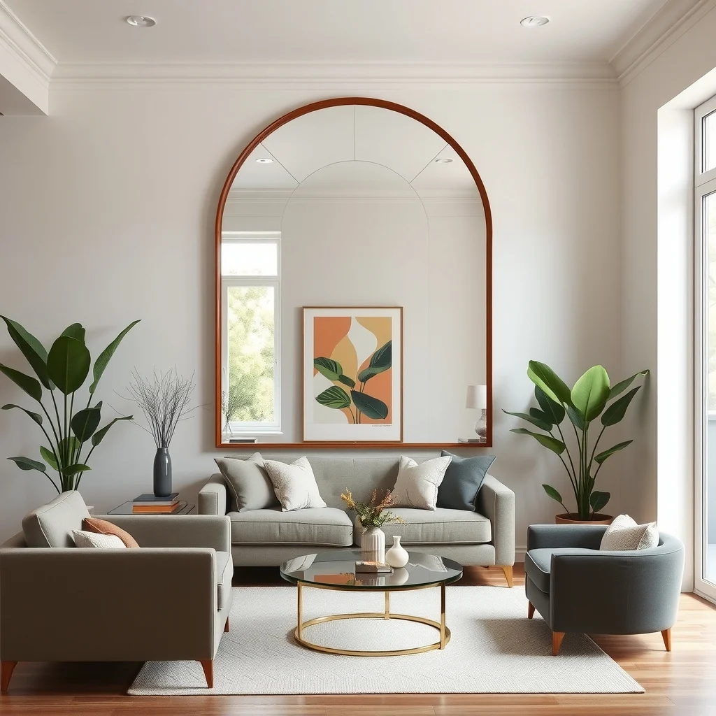Neo Deco Living Room Ideas for a Modern Home With Vintage Glamour interior: 3. Create a Focal Point with an Art‑Deco Mirror - A large, stylized mirror framed in lacquered wood or polished chrome can become the room’s centerpiece. The reflective surface multiplies light, making even compact living areas feel more expansive. Position the mirror opposite a window