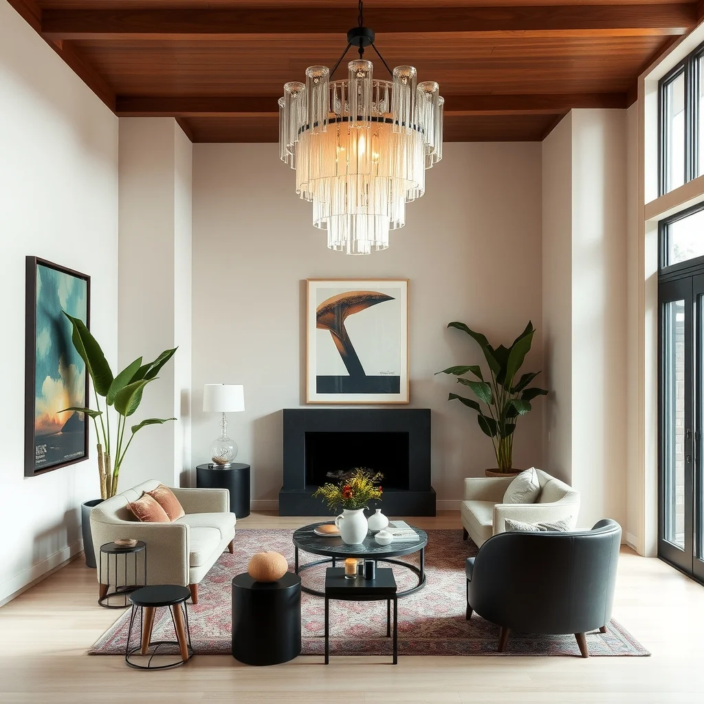 Neo Deco Living Room Ideas for a Modern Home With Vintage Glamour interior: 4. Introduce a Statement Light Fixture That Doubles as Art - Lighting in a Neo Deco room should feel purposeful and sculptural. A chandelier composed of layered glass panels or a cluster of crystal‑tipped rods offers both illumination and a sense of drama. Choose a fixture