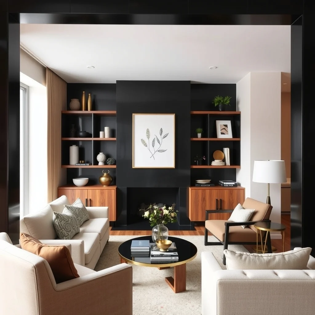 Neo Deco Living Room Ideas for a Modern Home With Vintage Glamour interior: 5. Balance Open Shelving with Curated Display Objects - Open shelving made from reclaimed walnut or lacquered black lacquer offers a modern touch while giving you space to showcase vintage accessories—think a set of brass cocktail shakers, a leather-bound photo album, or a collection