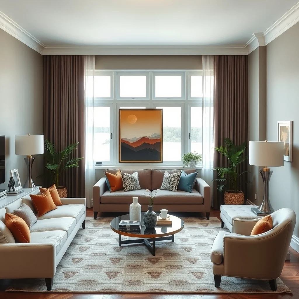 Neo Deco Living Room Ideas for a Modern Home With Vintage Glamour interior: 6. Layer Lighting with Table and Floor Lamps in Contrasting Materials - Beyond the primary fixture, incorporate table lamps with marble bases and brass shades, or floor lamps that combine a brushed steel column with a fabric drum shade. These secondary lights add depth and allow you