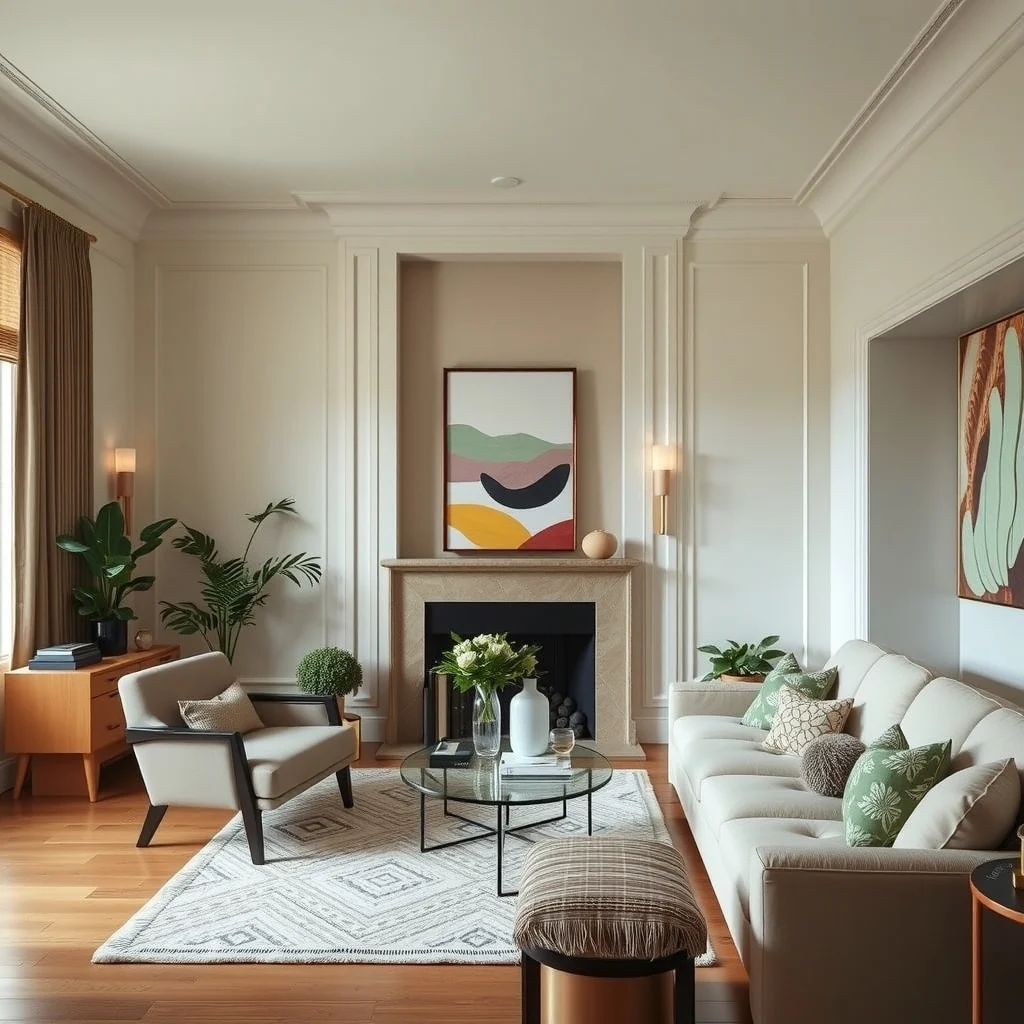 Neo Deco Living Room Ideas for a Modern Home With Vintage Glamour interior: 7. Finish with Decorative Millwork That Echoes the Era - Subtle architectural details—crown molding, picture rail, or a recessed niche—can anchor the room in the Deco tradition without feeling forced. Choose a profile that features shallow, stepped patterns rather than overly ornate carving. Painting the