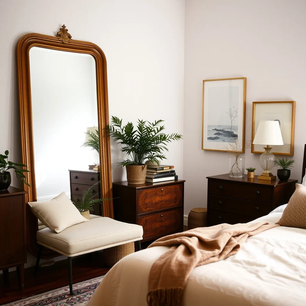 Old Money Bedroom Ideas That Look Elegant Without Expensive Furniture interior: 5. Curate Accessories That Speak of History, Not Flash - Accessories are the finishing touches that tell the story of a room. A large, antiqued‑look mirror with a simple wooden frame can make a modest bedroom feel more expansive while hinting at a lineage of