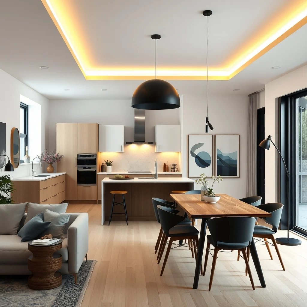 Open concept kitchen with recessed LED strips along ceiling a large matte black pendant over island and a sleek arc floor lamp beside a walnut dining table creating layered warm illumination