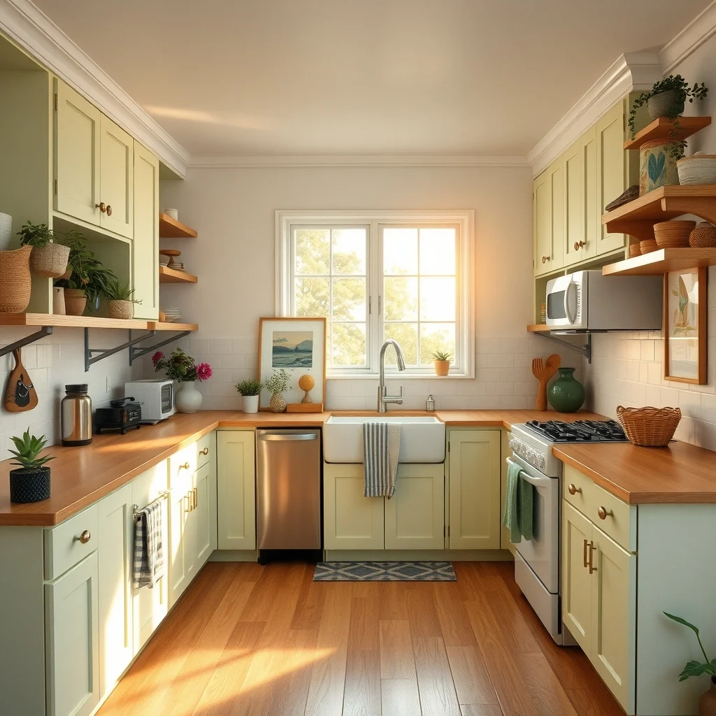 Panoramic view of the entire kitchen blending open shelving lime washed shaker cabinets painted tile border farmhouse sink and pastel retro appliances warm golden hour light unifies nostalgic details with modern livability