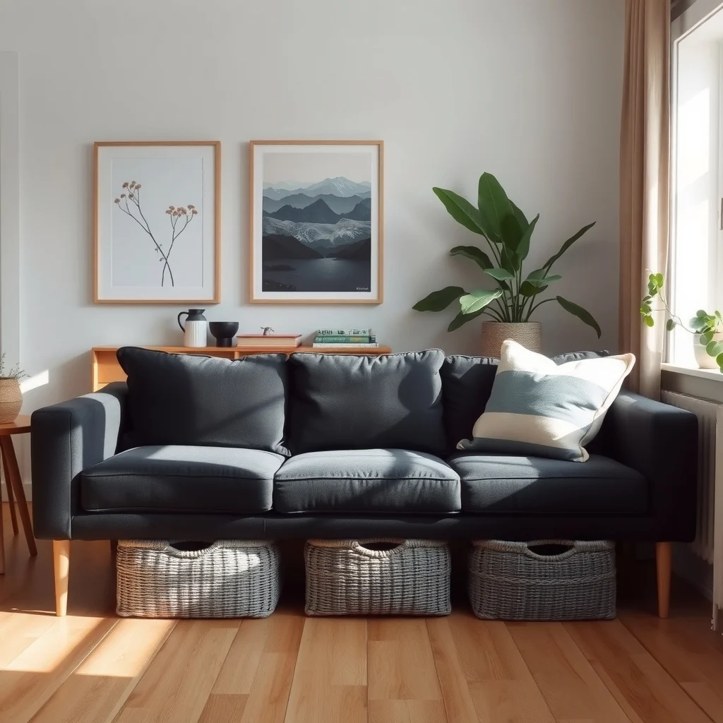 Plush charcoal sofa with low profile woven gray baskets tucked beneath